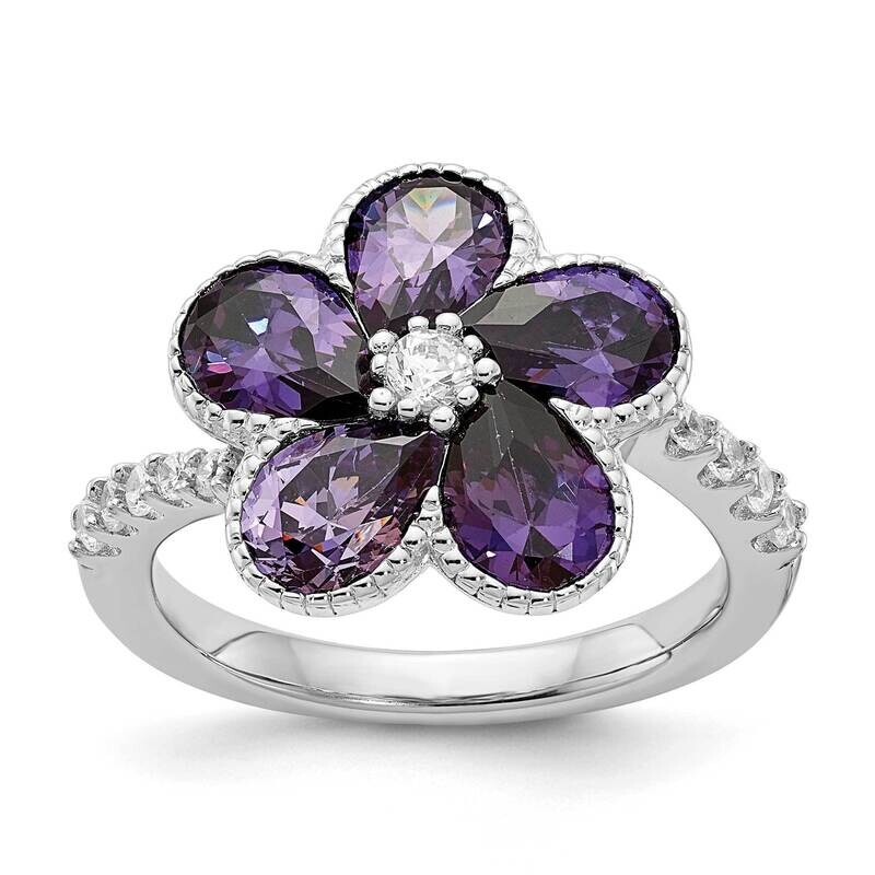 Cheryl M Purple White Brilliant-Cut CZ Flower Ring Sterling Silver Rhodium-Plated QCM1573