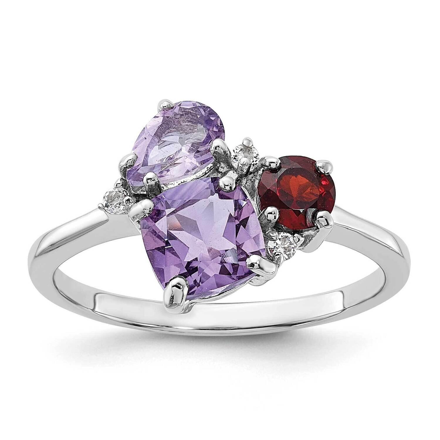 Rhodium Amethyst Pk Quartz Garnet White Topaz Ring Sterling Silver QR7437, MPN: QR7437,