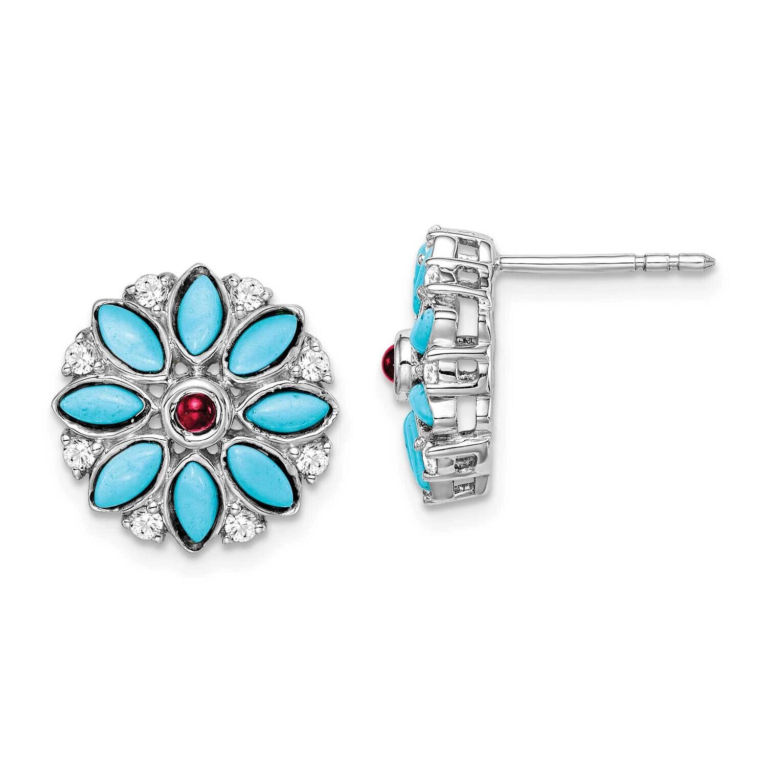 Turquoise/Creat. Ruby/White. Topaz Floral Earrings 14k White Gold EM7423-BTQ_CRU-W, MPN: EM7423-BTQ…