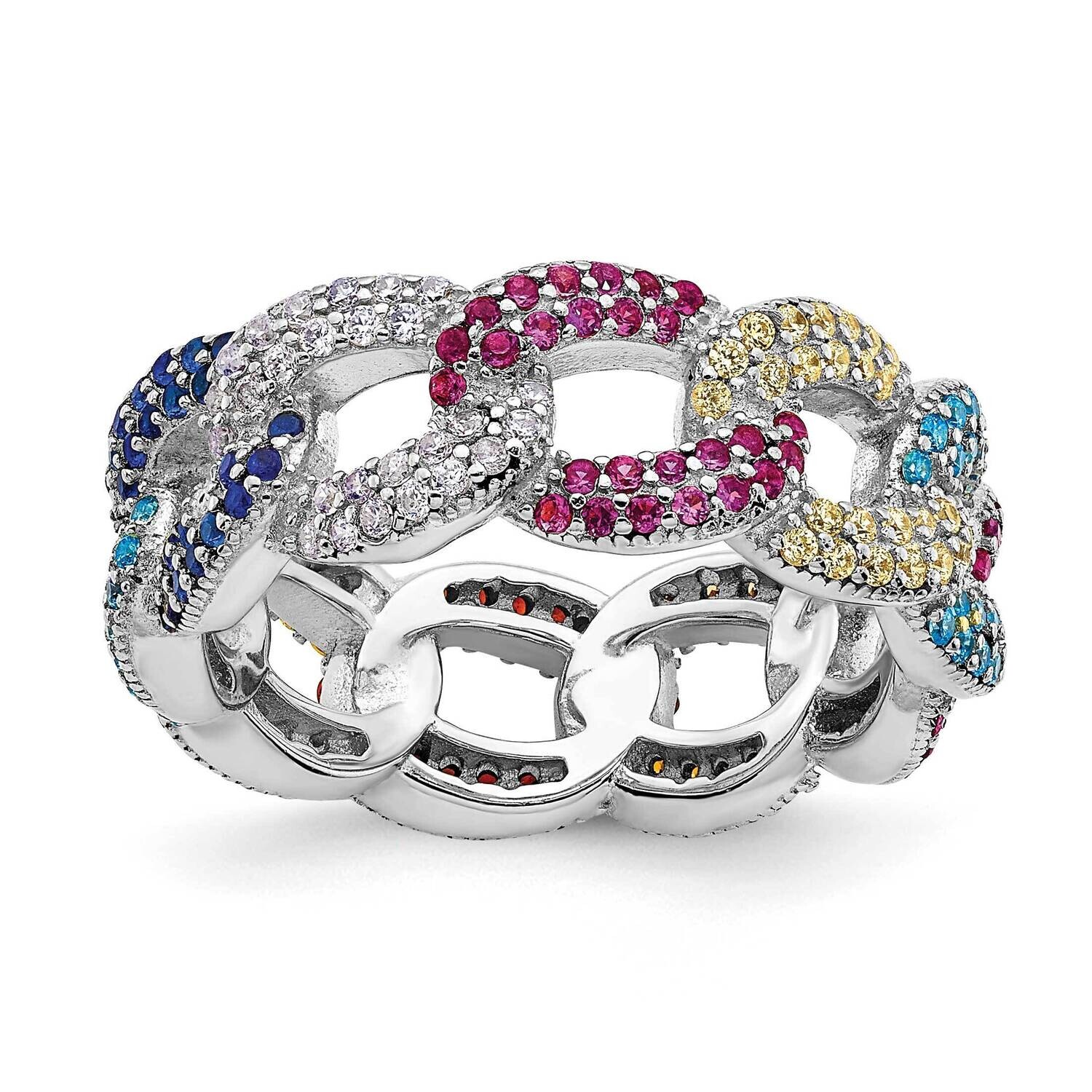 Prizma Colorful CZ Cuban Link Ring Sterling Silver Rhodium-Plated QR7190