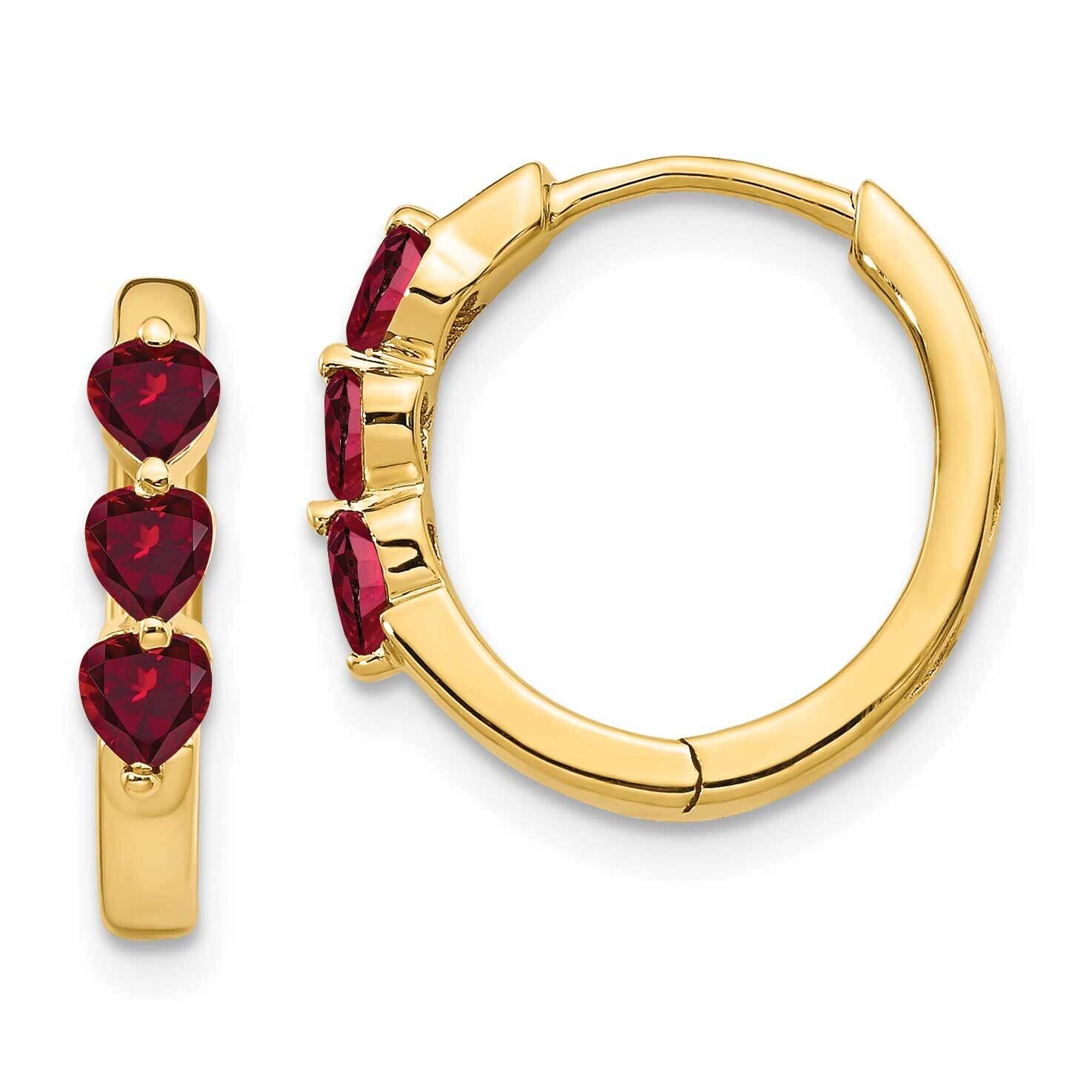 3 Stone Created Ruby Polished Hinged Hoop Earrings 10k Gold EM5606-CRU-1Y