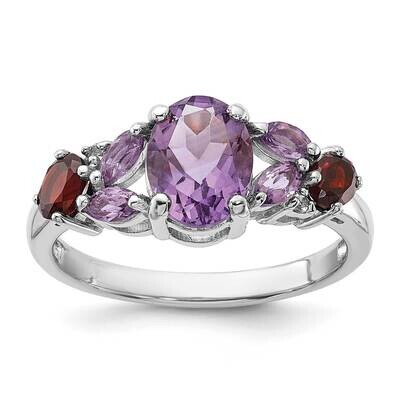 Rh-Plated Amethyst Pk Quartz Garnet White Topaz Ring Sterling Silver QR7444AM, MPN: QR7444AM,