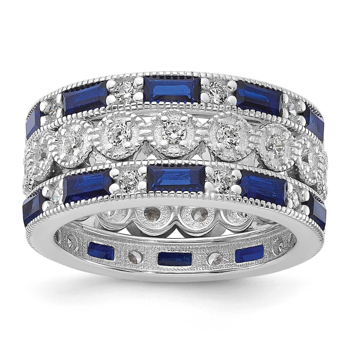 Cheryl M Emerald-Cut &amp; Brilliant-Cut Blue White CZ Three Piece Eternity Ring Set Sterling Silver Rhodium-Plated QCM1661