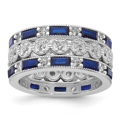 Cheryl M Emerald-Cut &amp; Brilliant-Cut Blue White CZ Three Piece Eternity Ring Set Sterling Silver Rh…