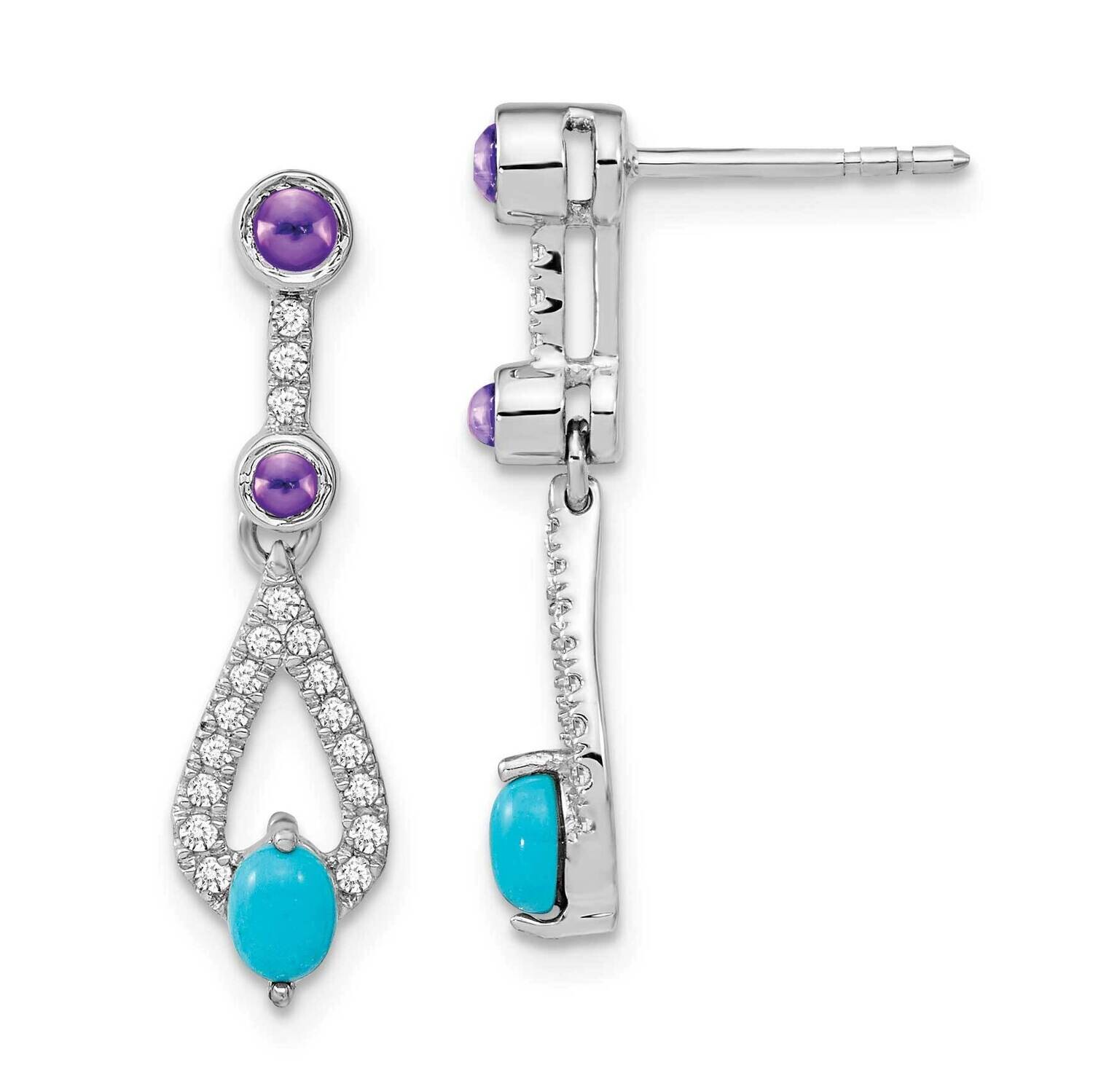 Turquoise/Amethyst/White Topaz Dangle Earrings 14k White Gold EM7425-BTQ_AM-W, MPN: EM7425-BTQ_AM-W…