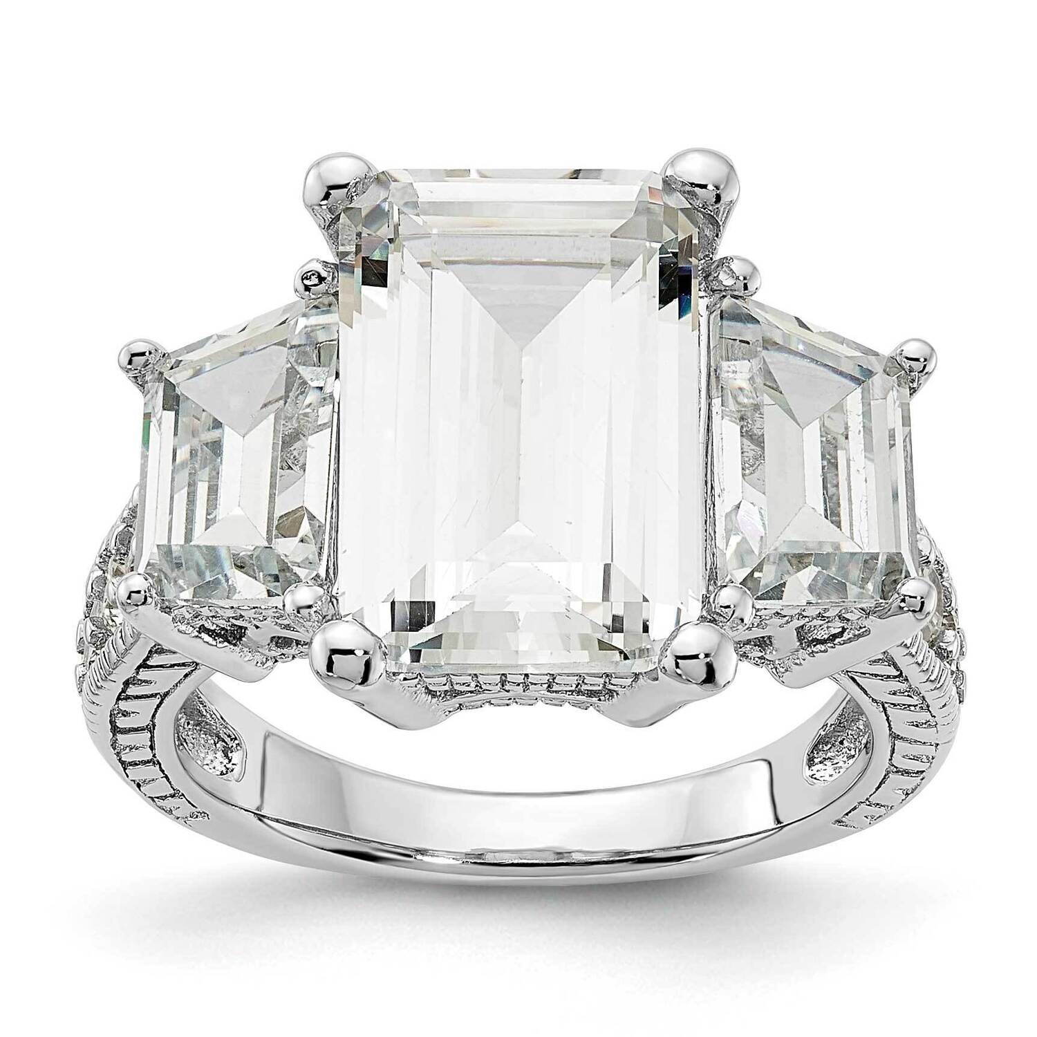 Cheryl M Fancy Emerald-Cut Brilliant-Cut CZ 3 Stone Ring Sterling Silver Rhodium-Plated QCM1492