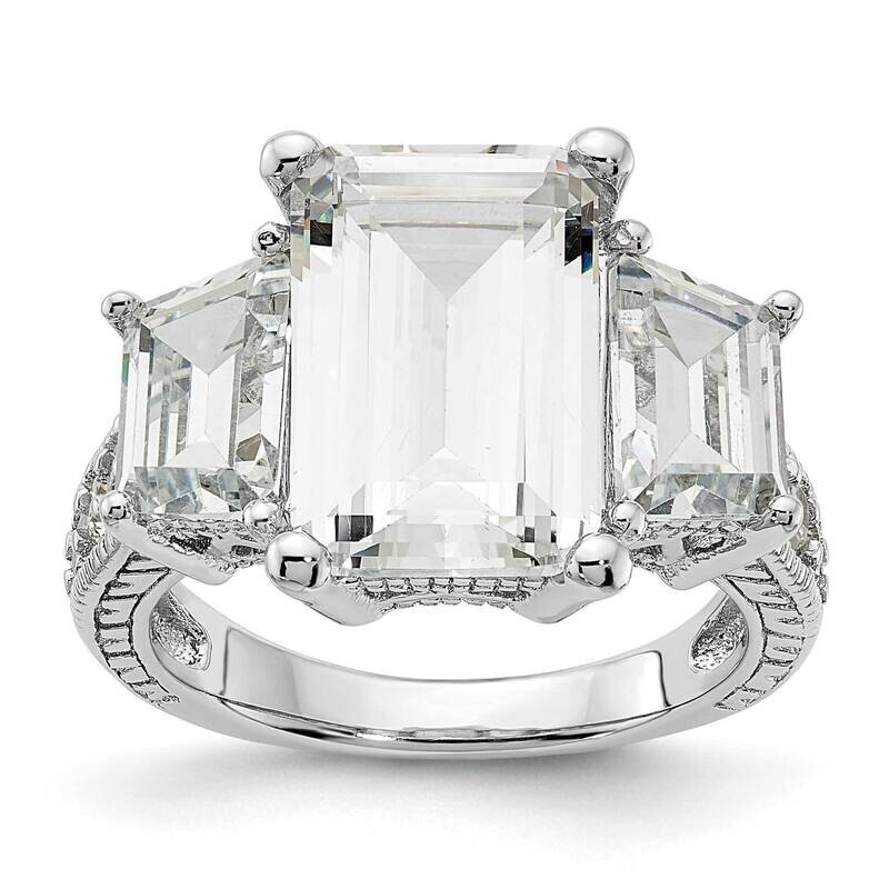 Cheryl M Fancy Emerald-Cut Brilliant-Cut CZ 3 Stone Ring Sterling Silver Rhodium-Plated QCM1492
