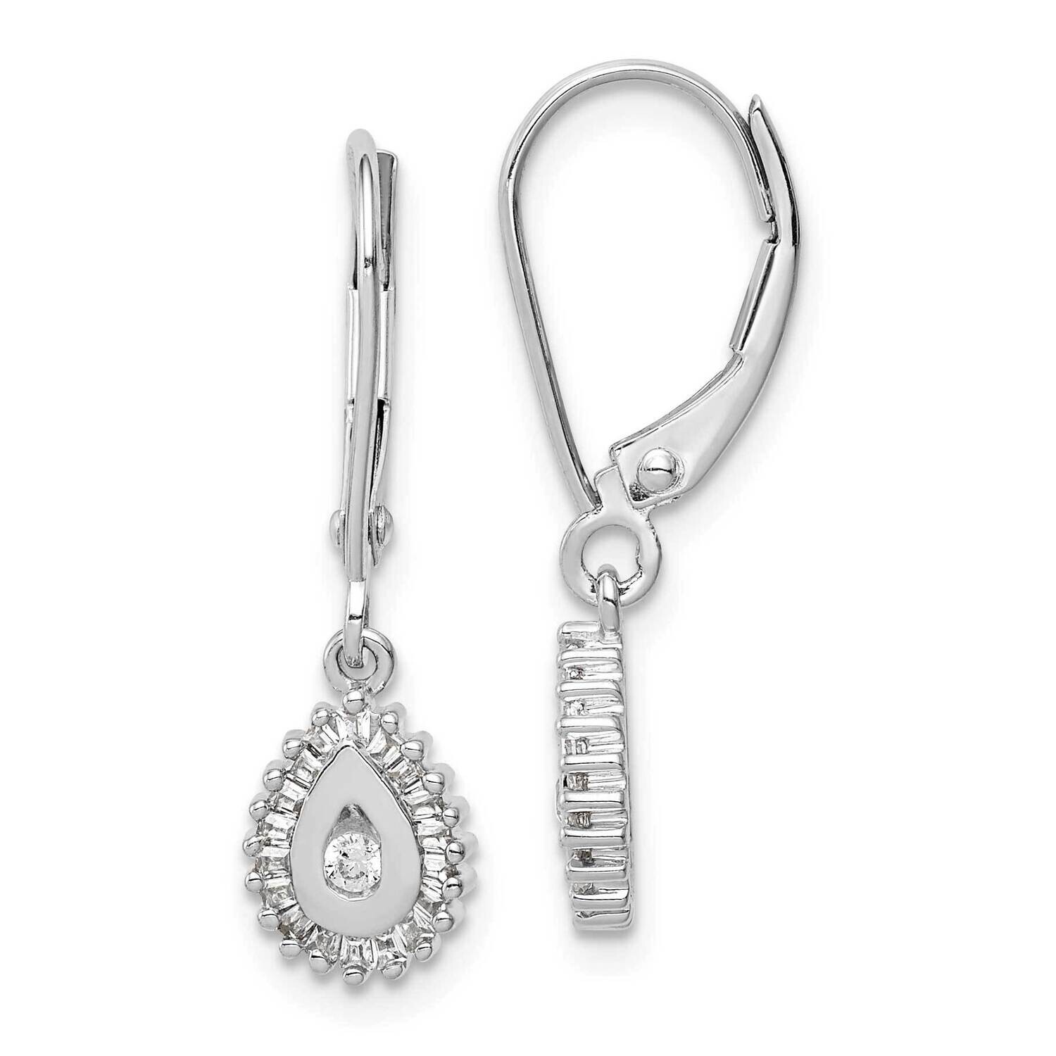 Baguette Diamond Teardrop Halo Leverback Earrings 10k White Gold EM5551-025-1WA, MPN: EM5551-025-1W…