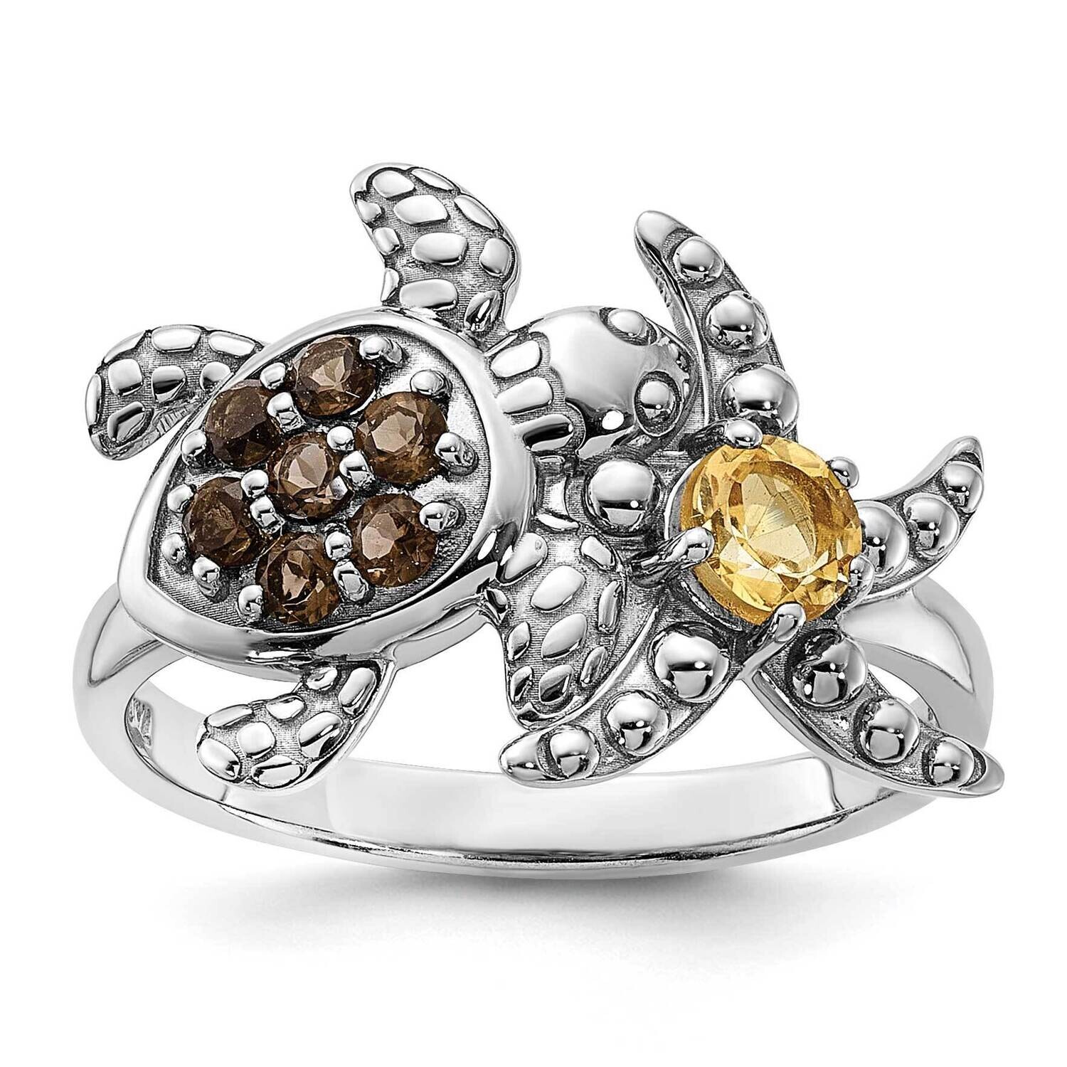 Rh-Plated Smoky Quartz Citrine Turtle Starfish Ring Sterling Silver QR7442SQ, MPN: QR7442SQ,