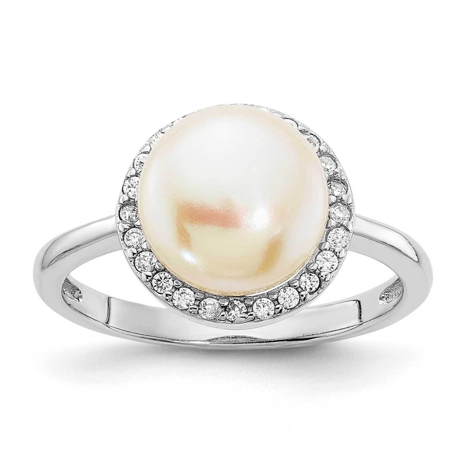 Rhod-Plated CZ 9-10mm Button White Fwc Pearl Ring Sterling Silver QR7319, MPN: QR7319,