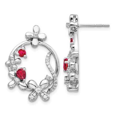 Diamond &amp; Ruby Flower Earrings 14k White Gold EM3986-RU-025-WA, MPN: EM3986-RU-025-WA, 191101836831