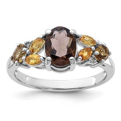 Rhodium Smoky Whiskey Quartz Citrine White Topaz Ring Sterling Silver QR7444SQ, MPN: QR7444SQ,