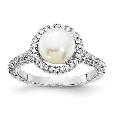 Rhod-Plated CZ 7-8mm Button White Fwc Pearl Ring Sterling Silver QR7321, MPN: QR7321,