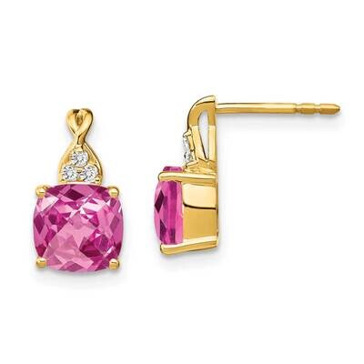 Checkerboard Created Pink Sapphire Diamond Earrings 10k Gold EM4393-CPS-006-1YA, MPN: EM4393-CPS-00…