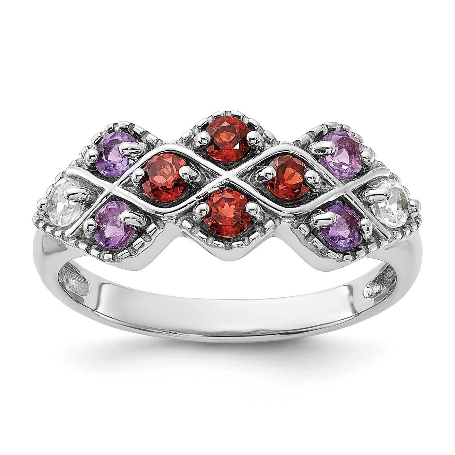 Garnet Amethyst White Topaz Ring Sterling Silver Rhodium-Plated QR7447GA, MPN: QR7447GA,