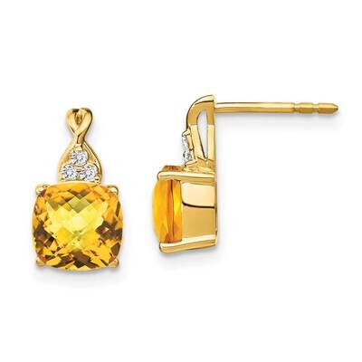Checkerboard Citrine Diamond Earrings 14k Gold EM4393-CI-006-YA, MPN: EM4393-CI-006-YA, 191101401848