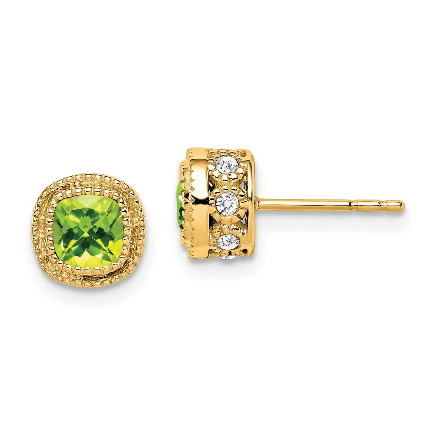 Cushion Peridot Diamond Earrings 10k Gold EM7092-PE-019-1YA, MPN: EM7092-PE-019-1YA, 191101834417