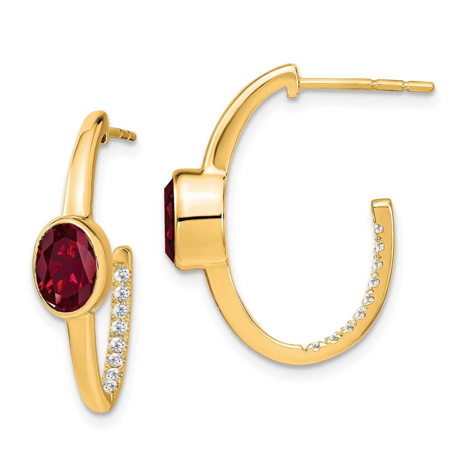 Oval Created Ruby Diamond J-Hoop Earrings 14k Gold EM7214-RU-018-YA
