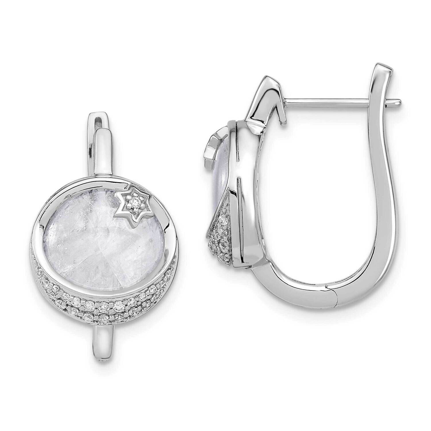 Diamond &amp; Moonstone Moon &amp; Star Hinged Hoop Earrings 14k White Gold EM6843-020-WA, MPN: EM6843-020-…