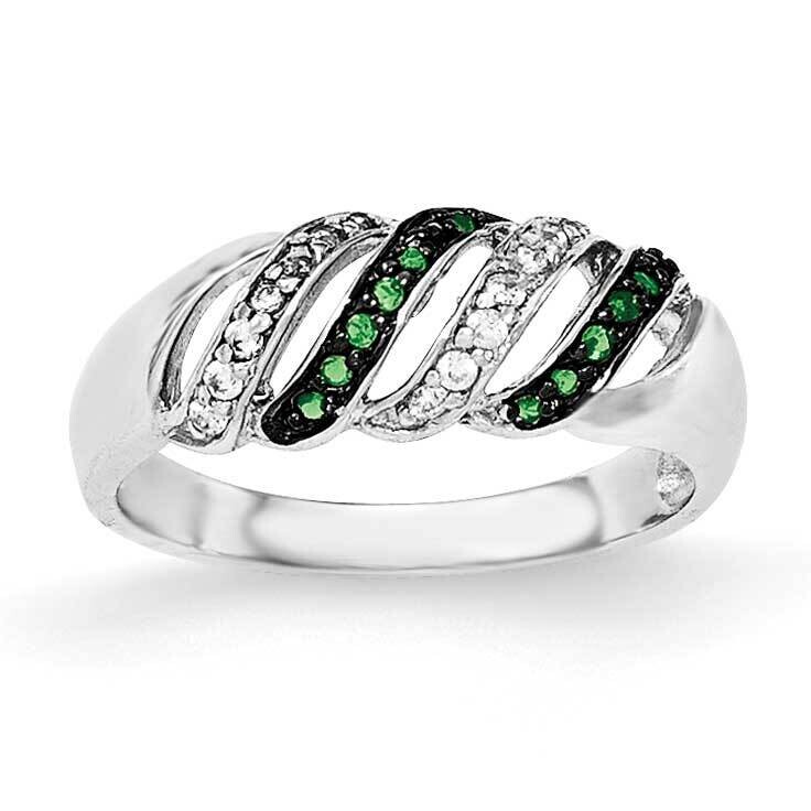 CZ &amp; Green Glass Stone Ring Sterling Silver Polished QR6013