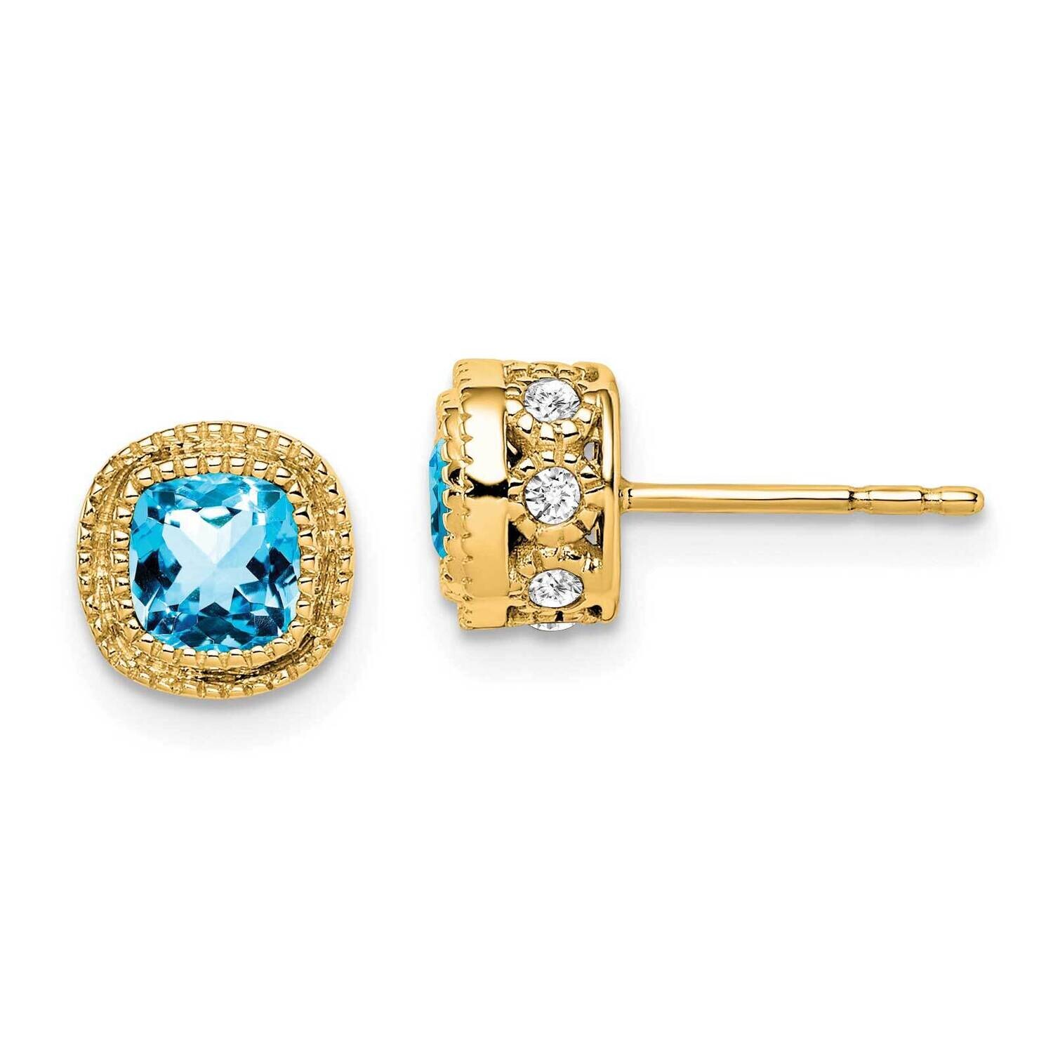 Cushion Blue Topaz Diamond Earrings 10k Gold EM7092-BT-019-1YA, MPN: EM7092-BT-019-1YA, 191101834332