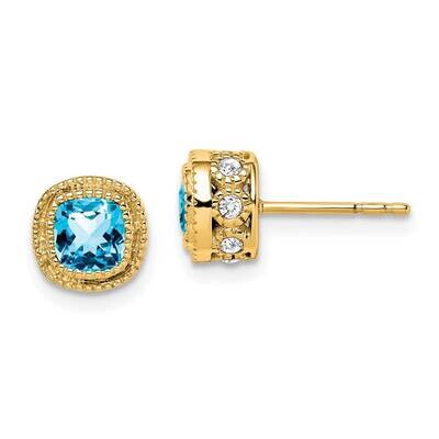 Cushion Blue Topaz Diamond Earrings 10k Gold EM7092-BT-019-1YA, MPN: EM7092-BT-019-1YA, 191101834332
