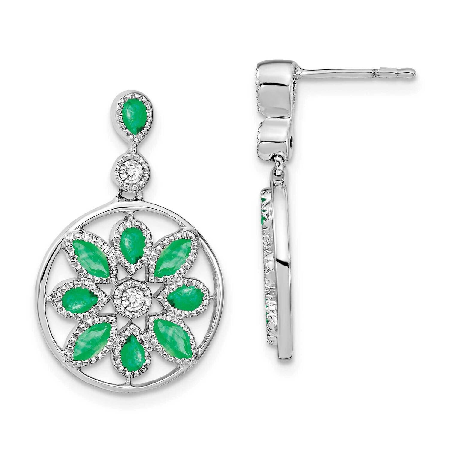 Emerald Diamond Floral Dangle Earrings 14k White Gold EM7205-EM-012-WA, MPN: EM7205-EM-012-WA, 1911…