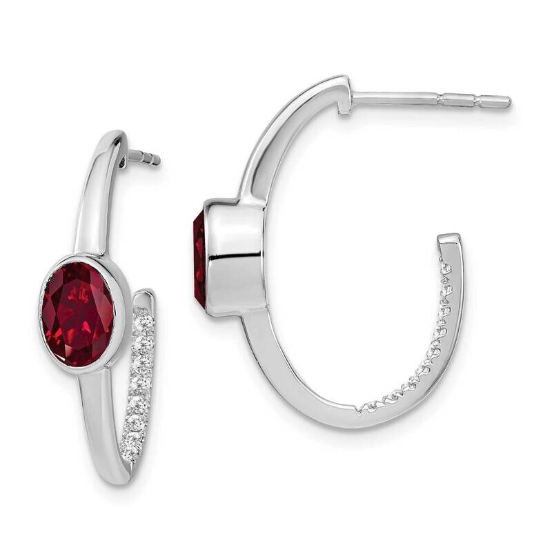 Oval Created Ruby Diamond J-Hoop Earrings 14k White Gold EM7214-RU-018-WA