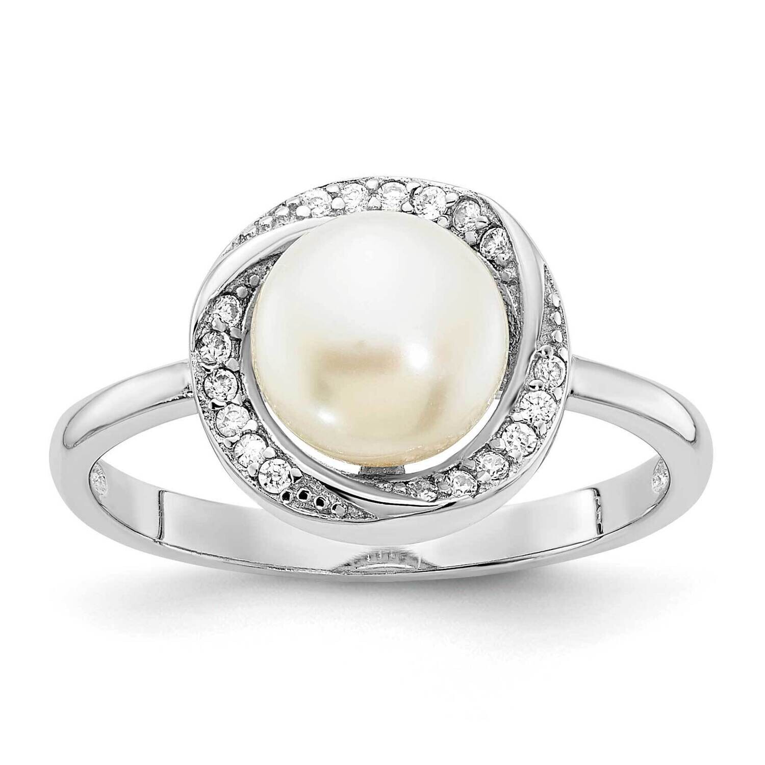 Rhod-Plated CZ 7-8mm Button White Fwc Pearl Ring Sterling Silver QR7320, MPN: QR7320,