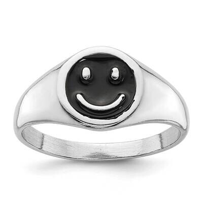 Black Enamel Smiley Face Ring Sterling Silver Rhodium-Plated QR7493, MPN: QR7493,