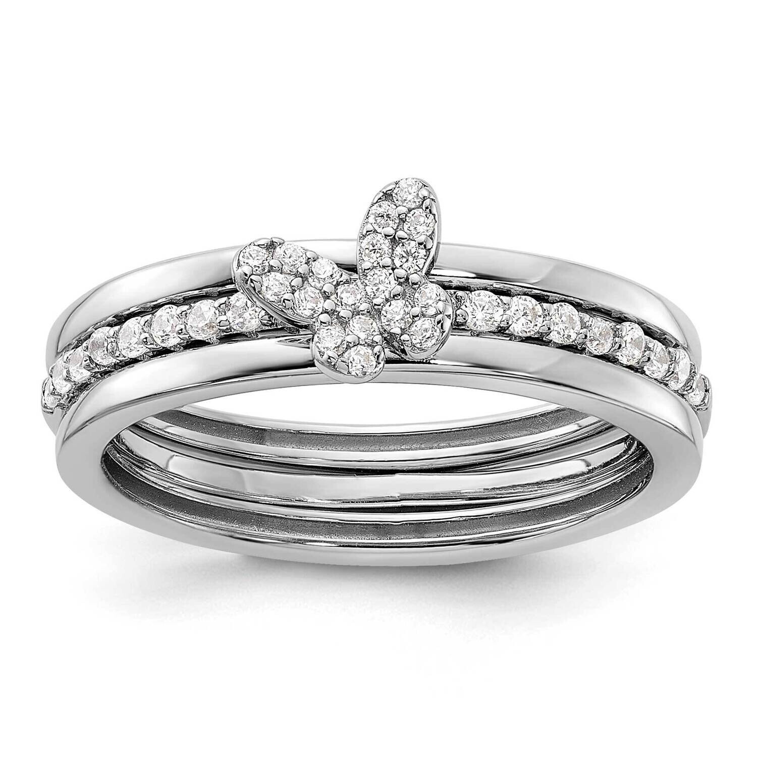 Rh-Plated CZ Butterfly Ring Two Plain Bands 3 Ring Set Sterling Silver QR7494, MPN: QR7494,