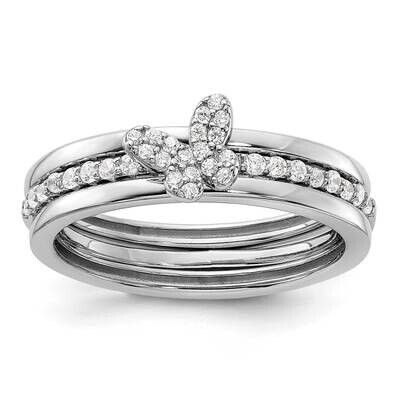 Rh-Plated CZ Butterfly Ring Two Plain Bands 3 Ring Set Sterling Silver QR7494, MPN: QR7494,