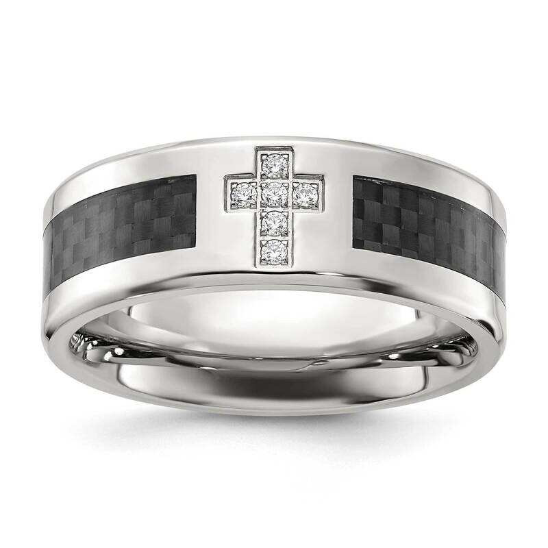 Chisel Polished Black Carbon Fiber Inlay CZ Cross 8mm Band Stainless Steel SR689