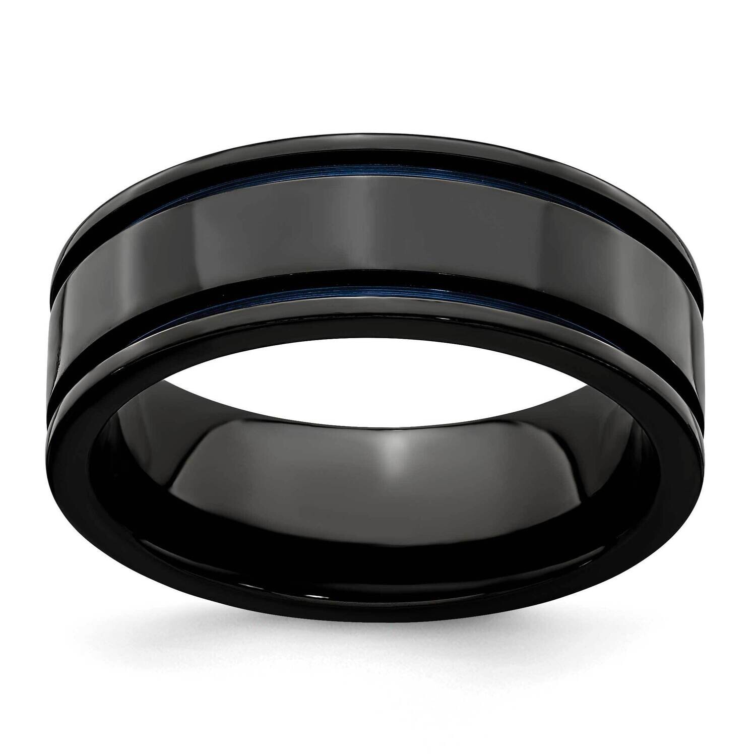 Edward Mirell Black Ti Blue Anodized Grooves Flat 8mm Band Titanium EMR108-8MM, MPN: EMR108-8MM,