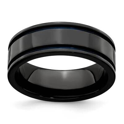 Edward Mirell Black Ti Blue Anodized Grooves Flat 8mm Band Titanium EMR108-8MM, MPN: EMR108-8MM,