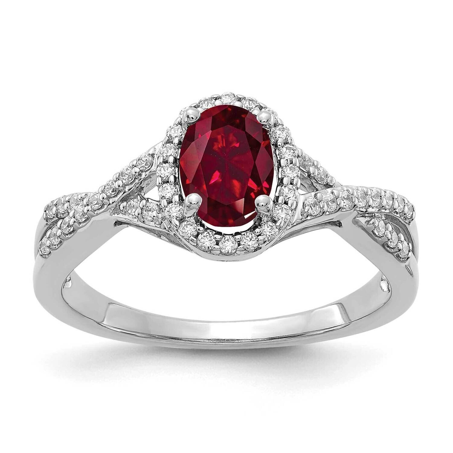 Diamond Created Ruby Oval Halo Ring 14k White Gold RM5759-CRU-020-WAA