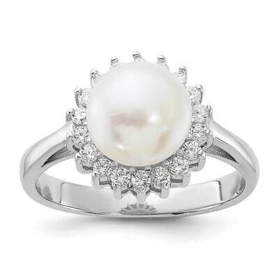 8-9mm White Fwc Pearl CZ Ring Sterling Silver Rhodium-Plated QR7600, MPN: QR7600,