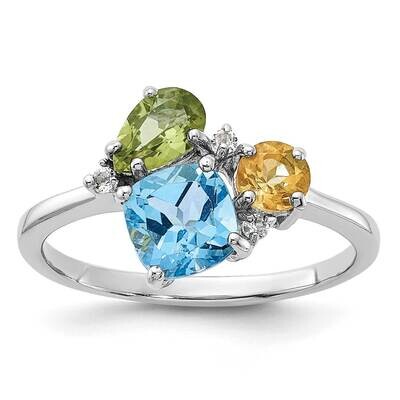 Rh Lt.SwiBlue Topaz/ White Topaz Peridot Citrine Ring Sterling Silver QR7436, MPN: QR7436,