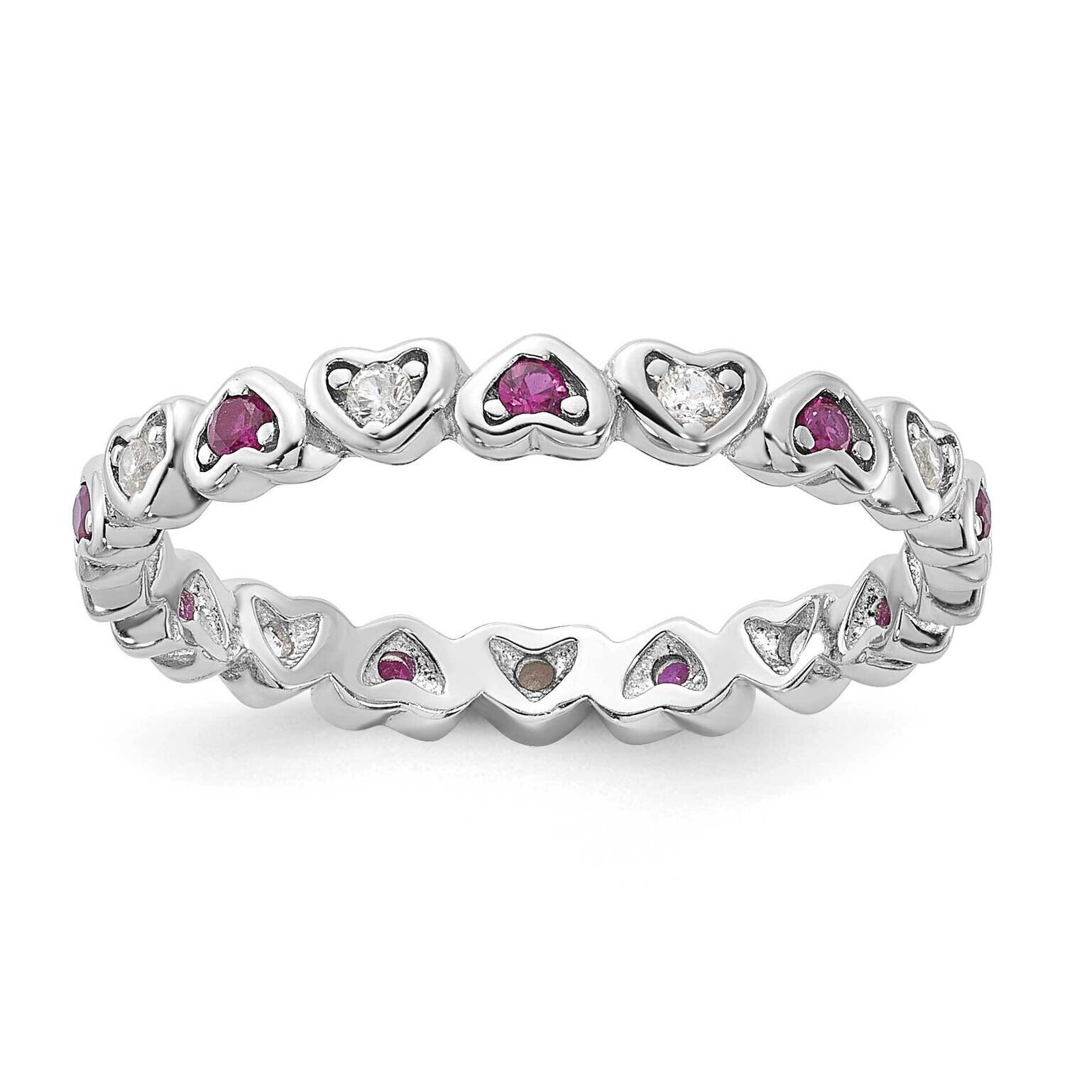 Rhodium-Plated .14Lab Cr. Ruby .27Cr. Wh Sapphire Heart Ring Sterling Silver QR7451, MPN: QR7451,