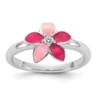 Rh-Plated Pink Enameled &amp; CZ Flower Children&#39;s Ring Sterling Silver QR7428, MPN: QR7428,