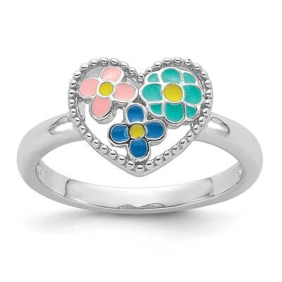 Rh-Plated Beaded &amp; Enameled Floral Heart Children&#39;s Ring Sterling Silver QR7427, MPN: QR7427,