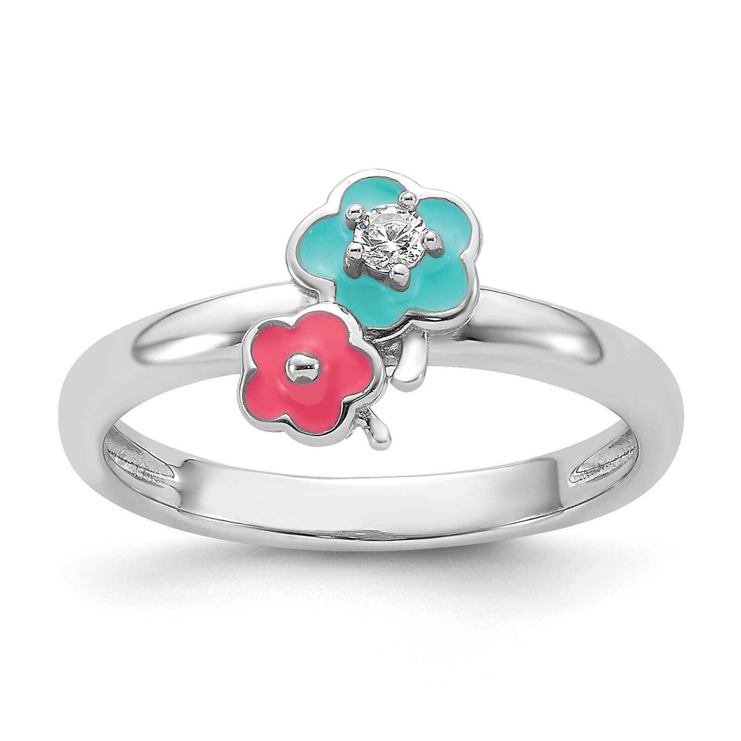 Rh-Plated Blue/Pink Enameled &amp; CZ Floral Children&#39;s Ring Sterling Silver QR7429, MPN: QR7429,