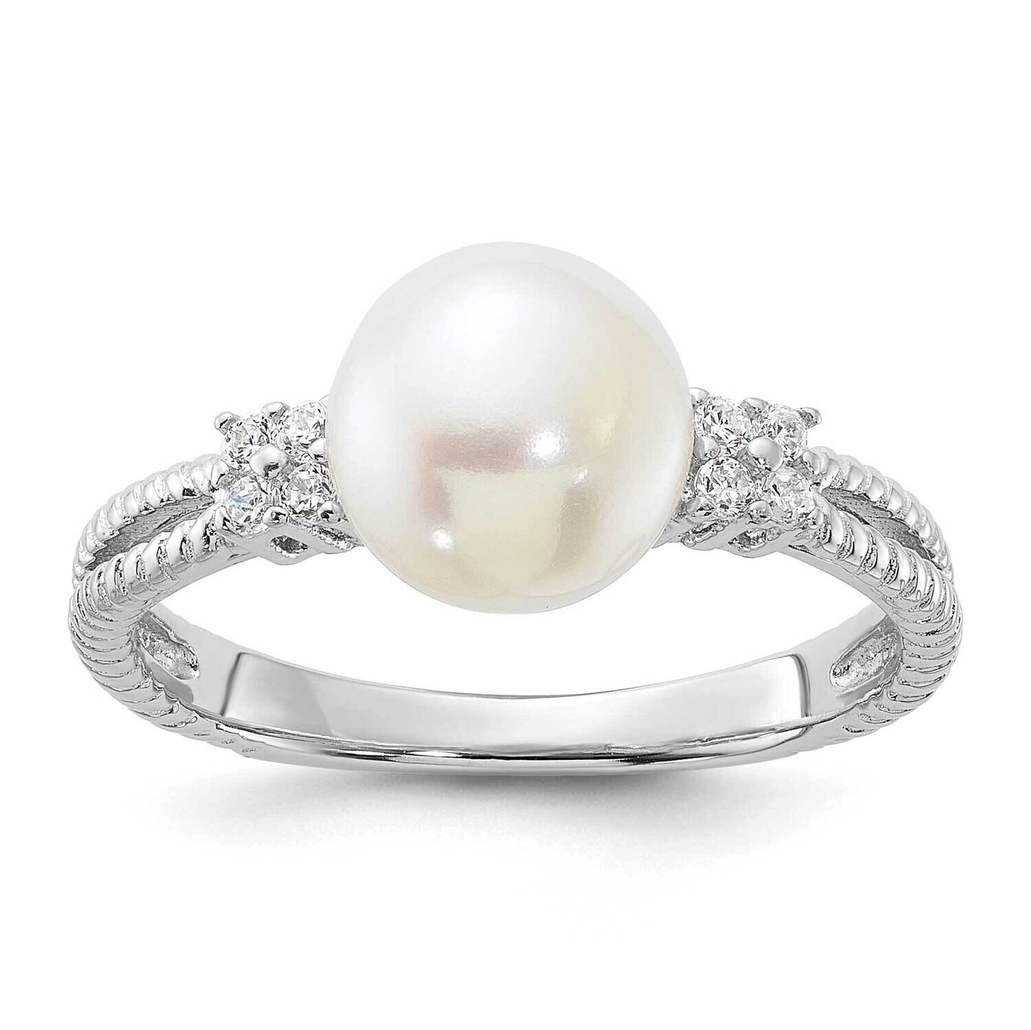 8-9mm White Fwc Pearl CZ Ring Sterling Silver Rhodium-Plated QR7598, MPN: QR7598,