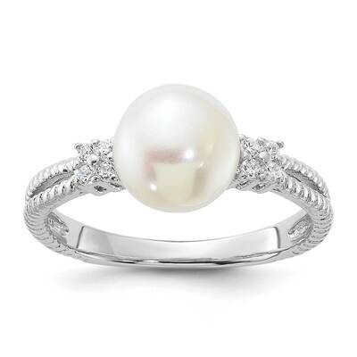 8-9mm White Fwc Pearl CZ Ring Sterling Silver Rhodium-Plated QR7598, MPN: QR7598,