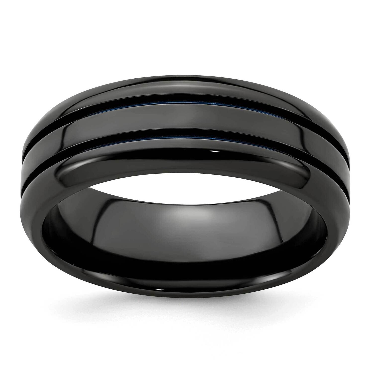 Edward Mirell Black Ti Blue Anodized Grooves Beveled Edge 8mm Band Titanium EMR105-8MM, MPN: EMR105…