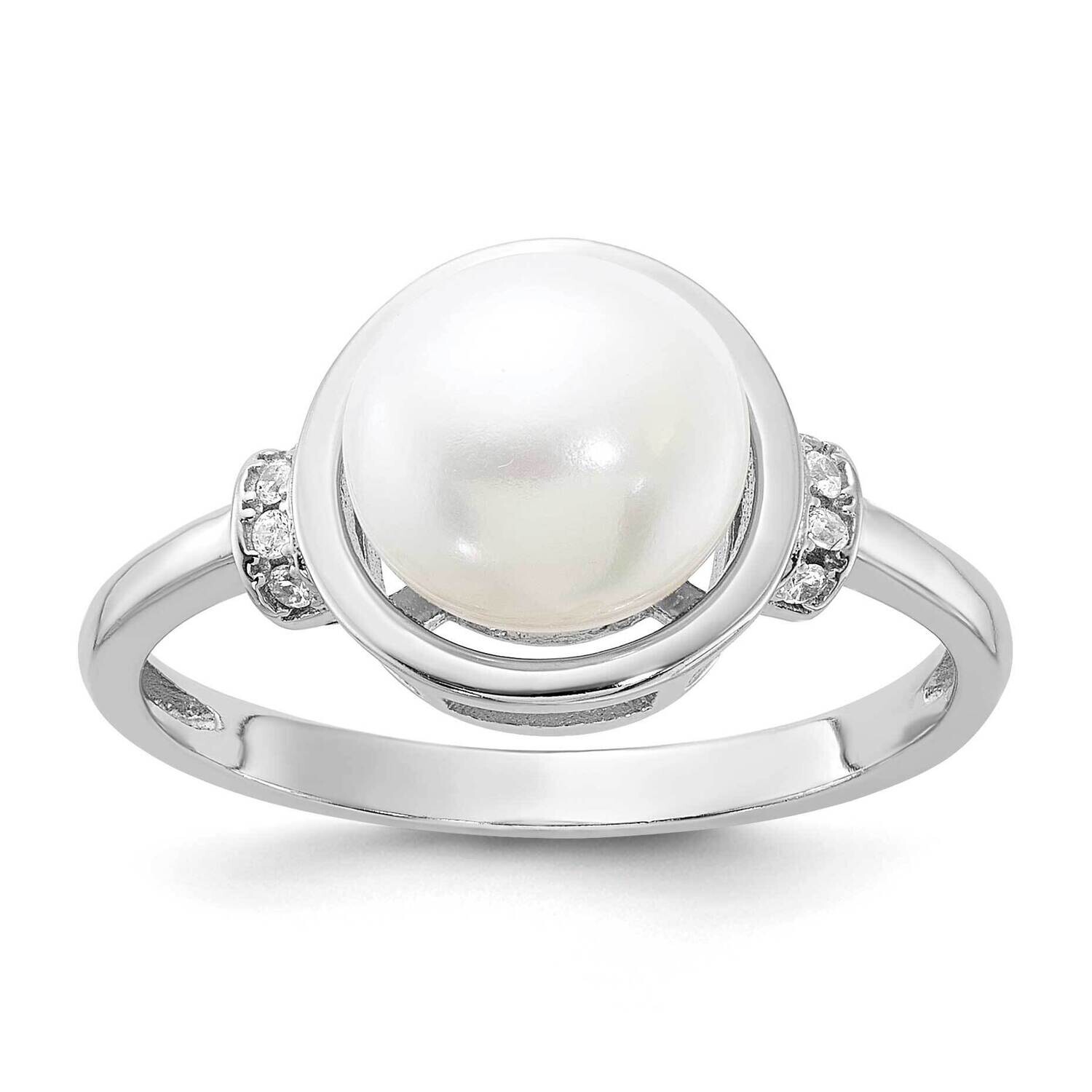 8-9mm White Fwc Pearl CZ Circle Ring Sterling Silver Rhodium-Plated QR7595, MPN: QR7595,