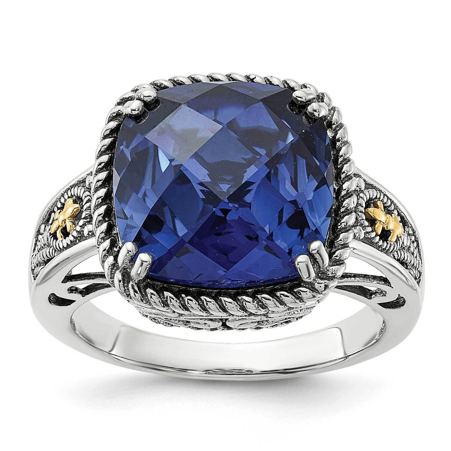 Shey Couture Sterling Silver Antiqued Lab Created Checker Cushion Sapphire Ring 14k Gold QTC1818, M…