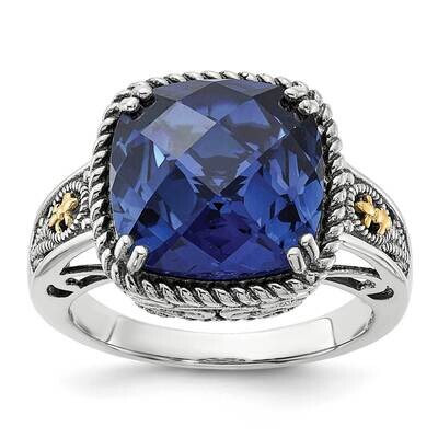Shey Couture Sterling Silver Antiqued Lab Created Checker Cushion Sapphire Ring 14k Gold QTC1818, M…