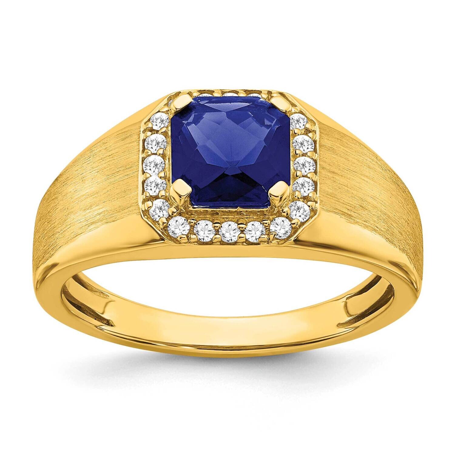 Cushion Created Sapphire Diamond Mens Ring 14k Gold RM7465-CSA-020-YA, MPN: RM7465-CSA-020-YA,