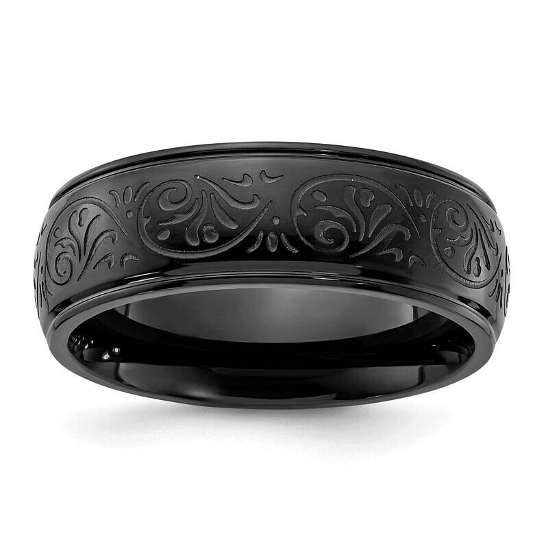 Chisel Polished Black Ip-Plated Etched Design Ridged Edge 7.5mm Band Stainless Steel SR680B